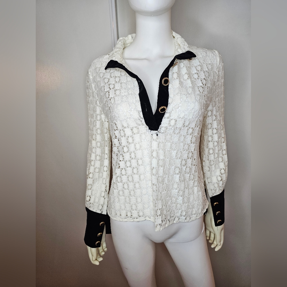 VTG *RARE* Womens Velvet Lace Blk White Long Sleeve Blouse  Size Small